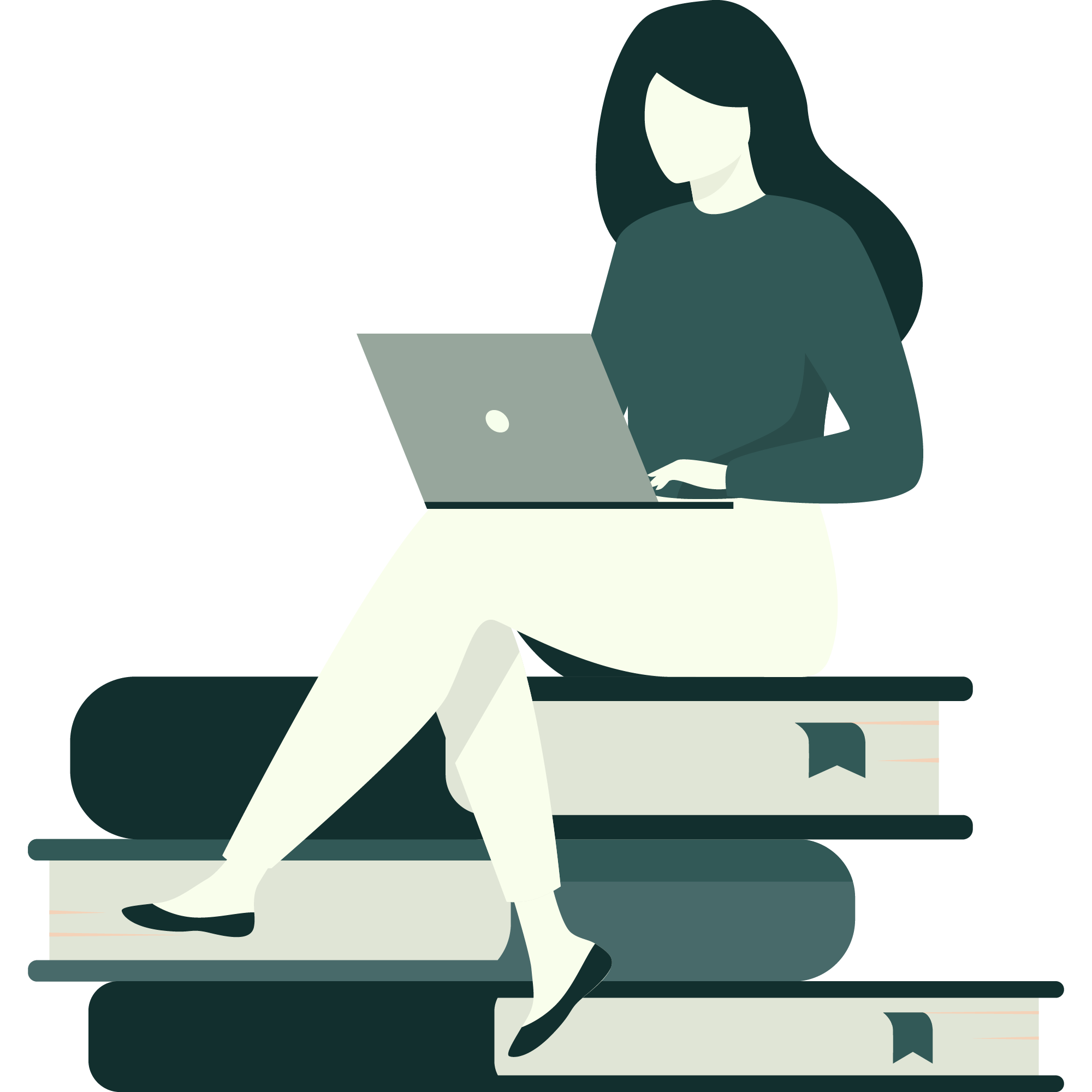 Illustration av kvinna som sitter på tre böcker med en dator